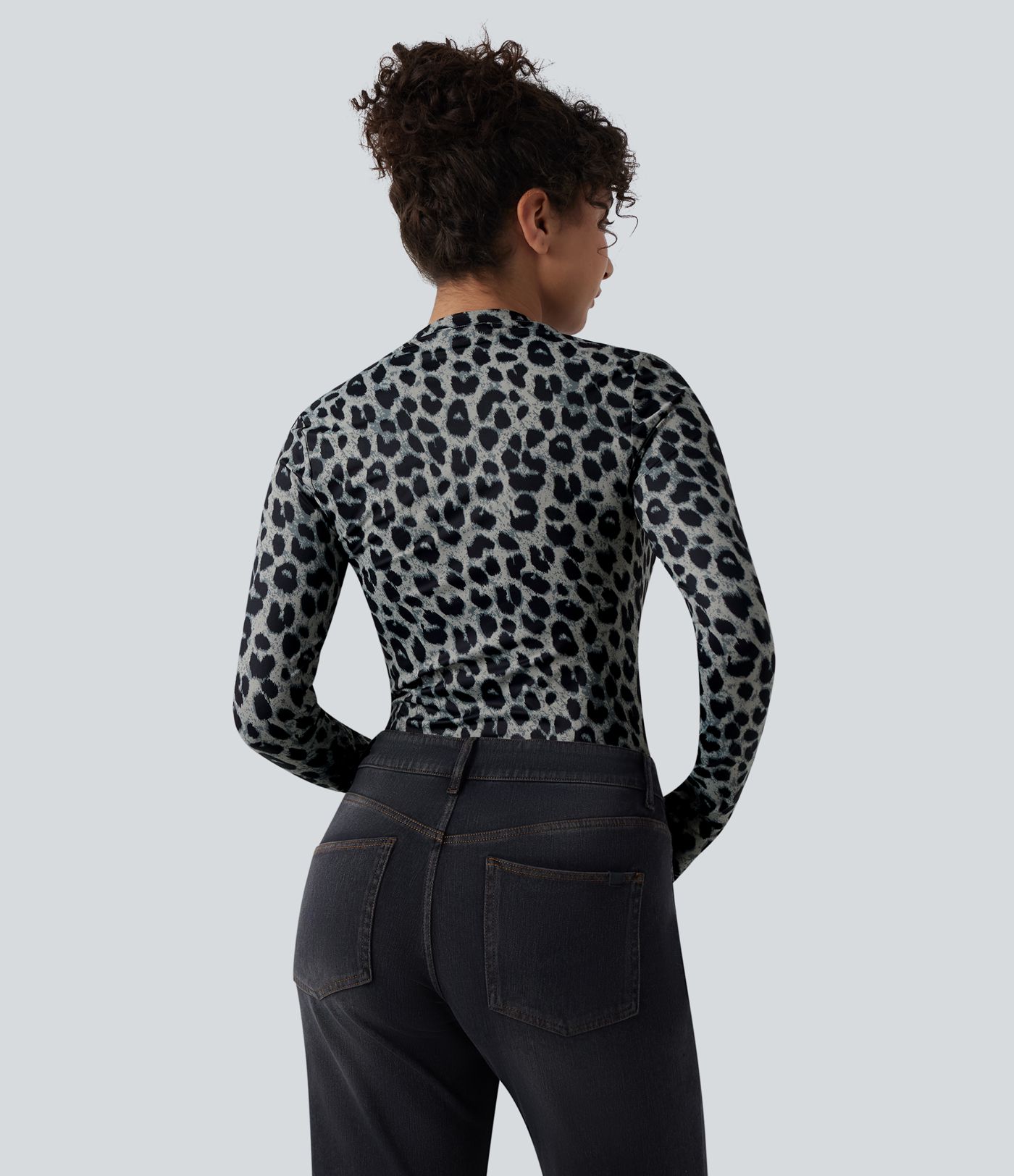 Round Neck Long Sleeve Leopard Print Casual Slim Top