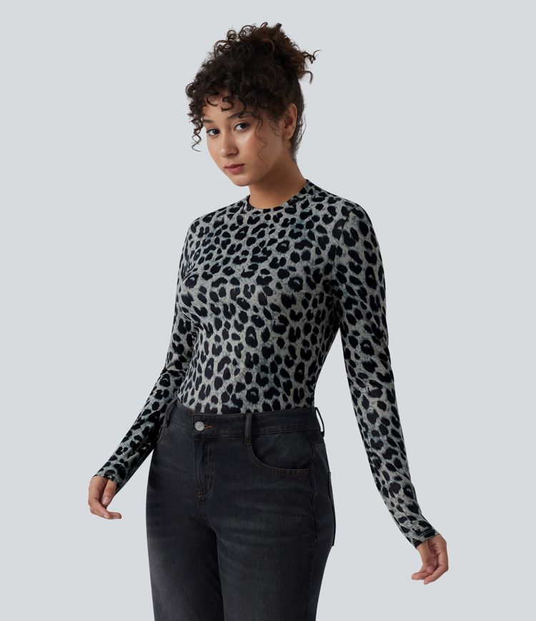Round Neck Long Sleeve Leopard Print Casual Slim Top