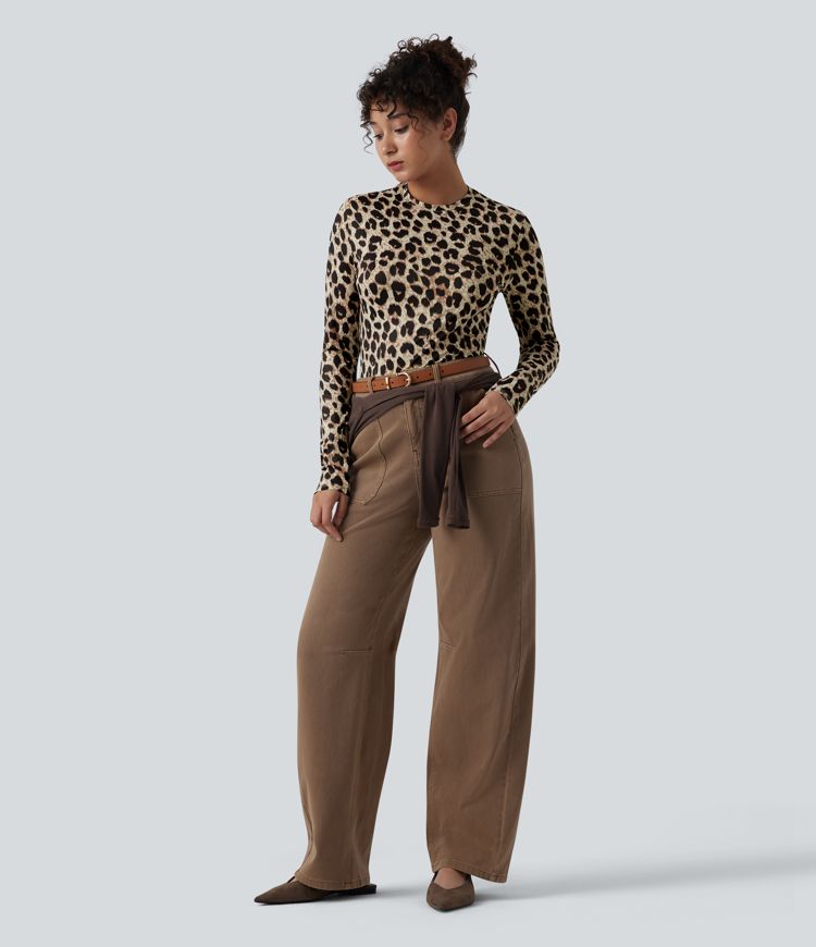 Round Neck Long Sleeve Leopard Print Casual Slim Top