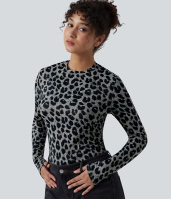 Round Neck Long Sleeve Leopard Print Casual Slim Top