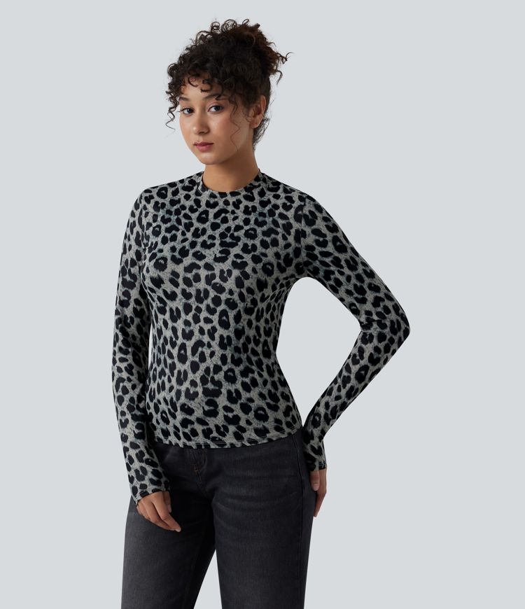 Round Neck Long Sleeve Leopard Print Casual Slim Top