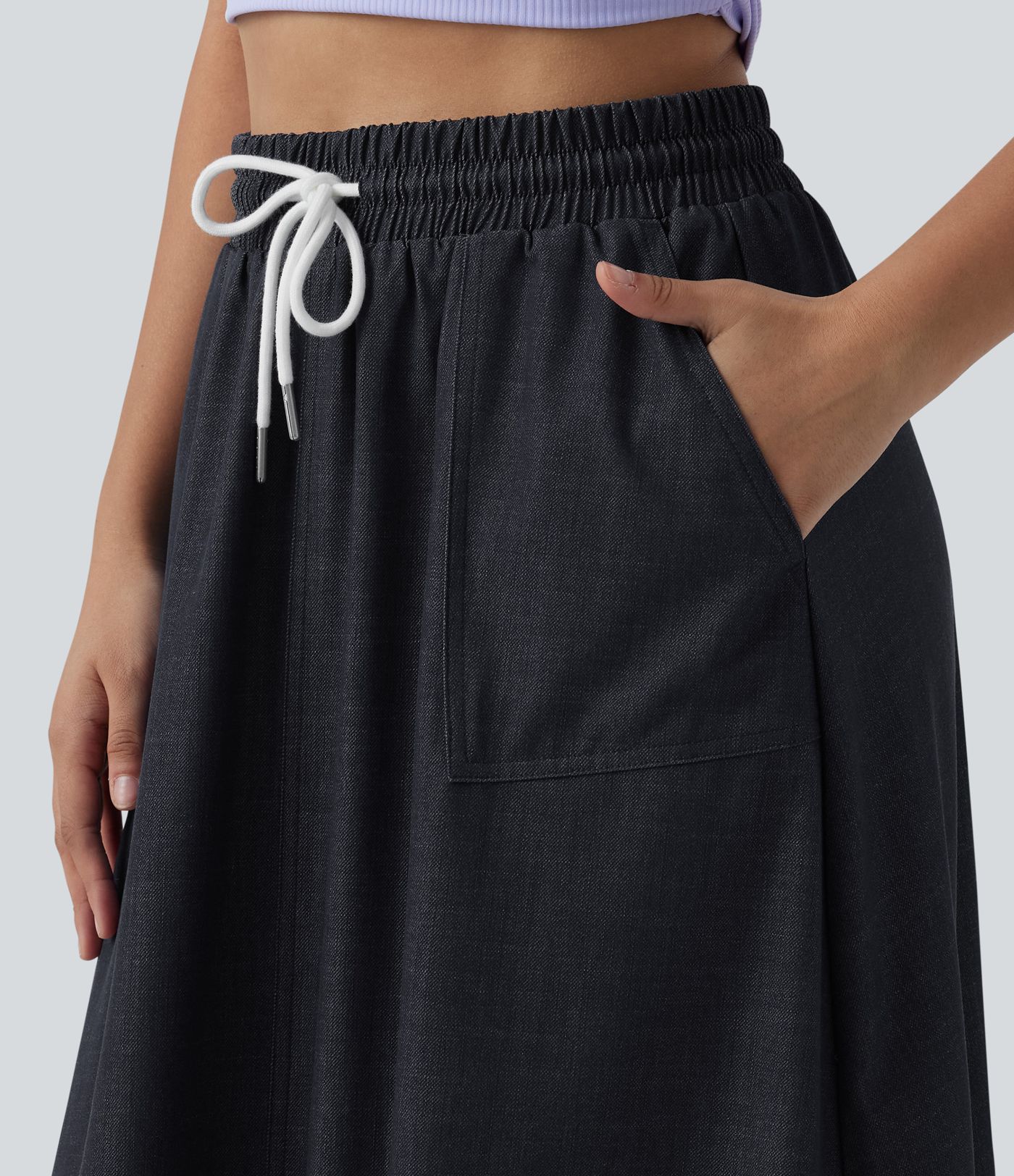 High Waisted Drawstring Midi Denim Like Casual A-line Skirt with Pockets