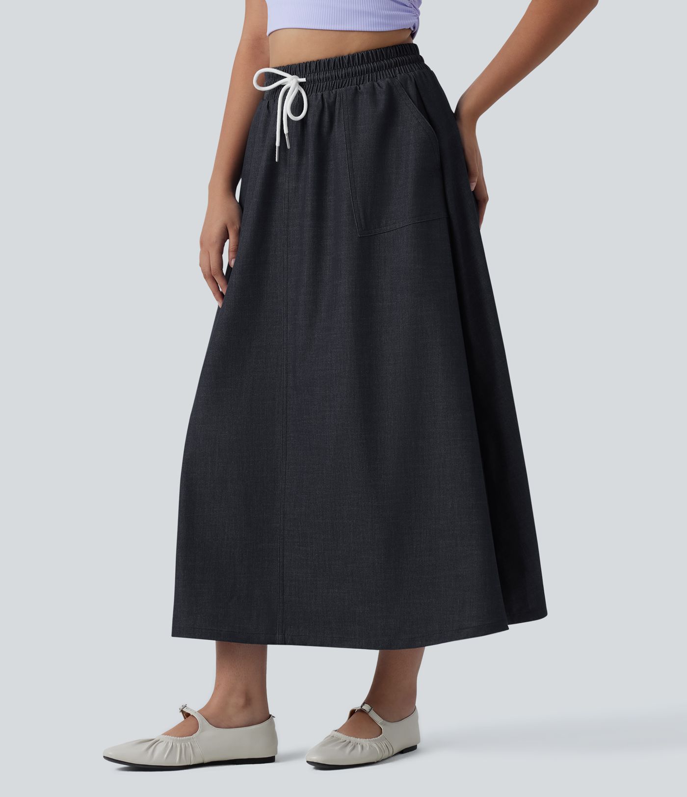 High Waisted Drawstring Midi Denim Like Casual A-line Skirt with Pockets