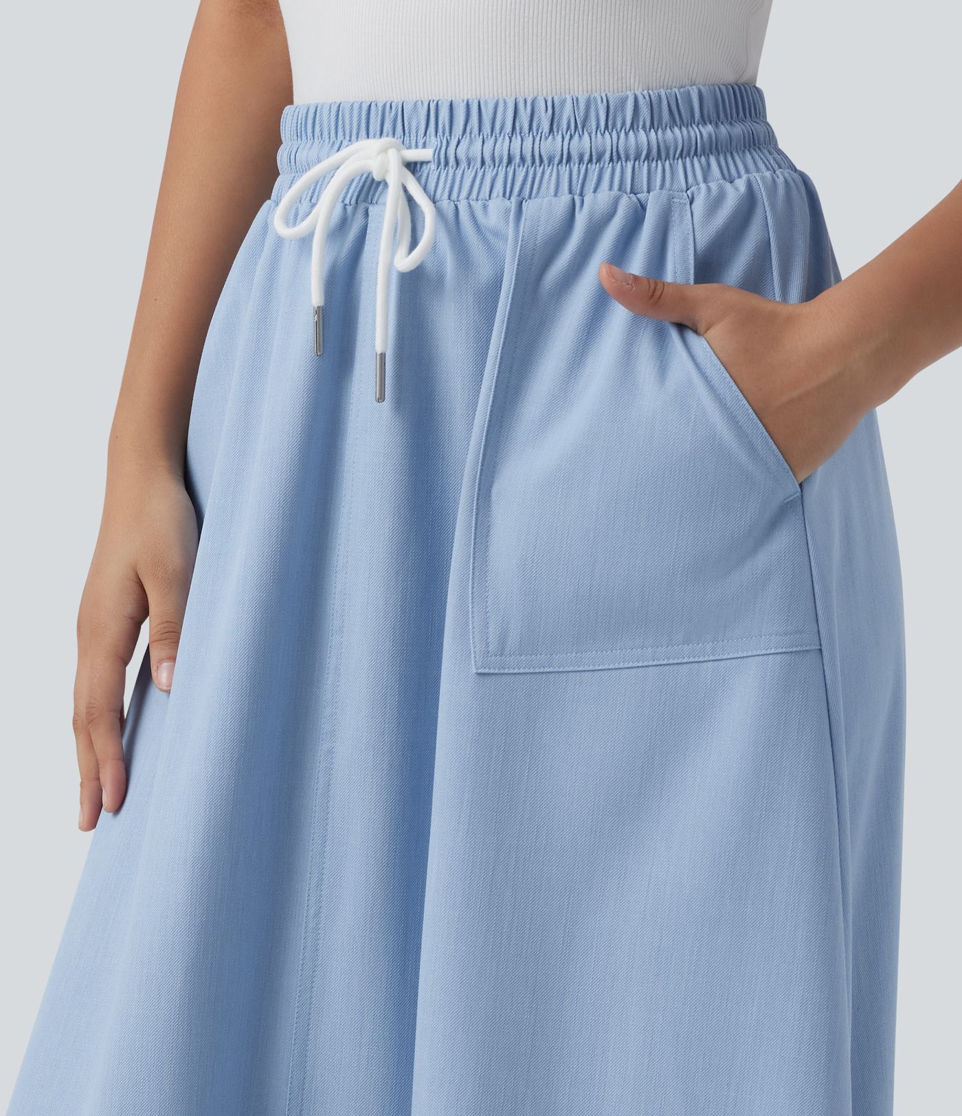 High Waisted Drawstring Midi Denim Like Casual A-line Skirt with Pockets