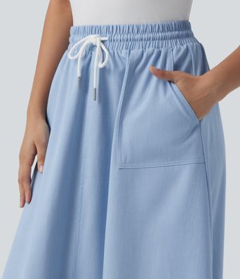High Waisted Drawstring Midi Denim Like Casual A-line Skirt with Pockets