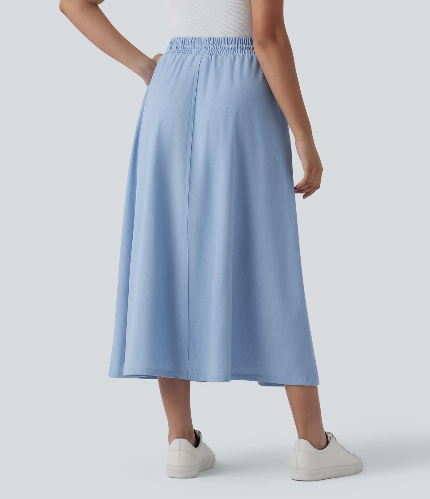 High Waisted Drawstring Midi Denim Like Casual A-line Skirt with Pockets