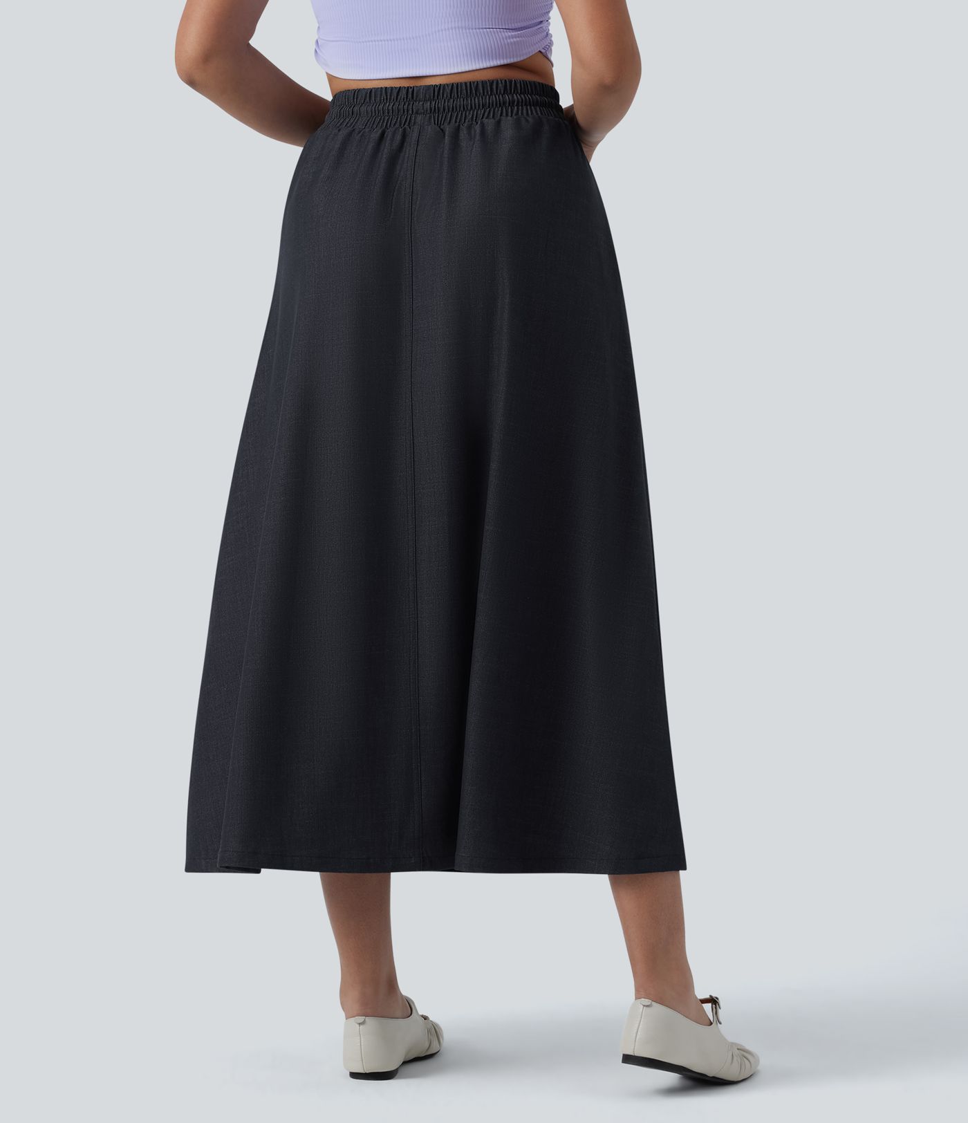 High Waisted Drawstring Midi Denim Like Casual A-line Skirt with Pockets
