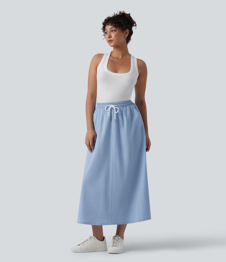 High Waisted Drawstring Midi Denim Like Casual A-line Skirt with Pockets