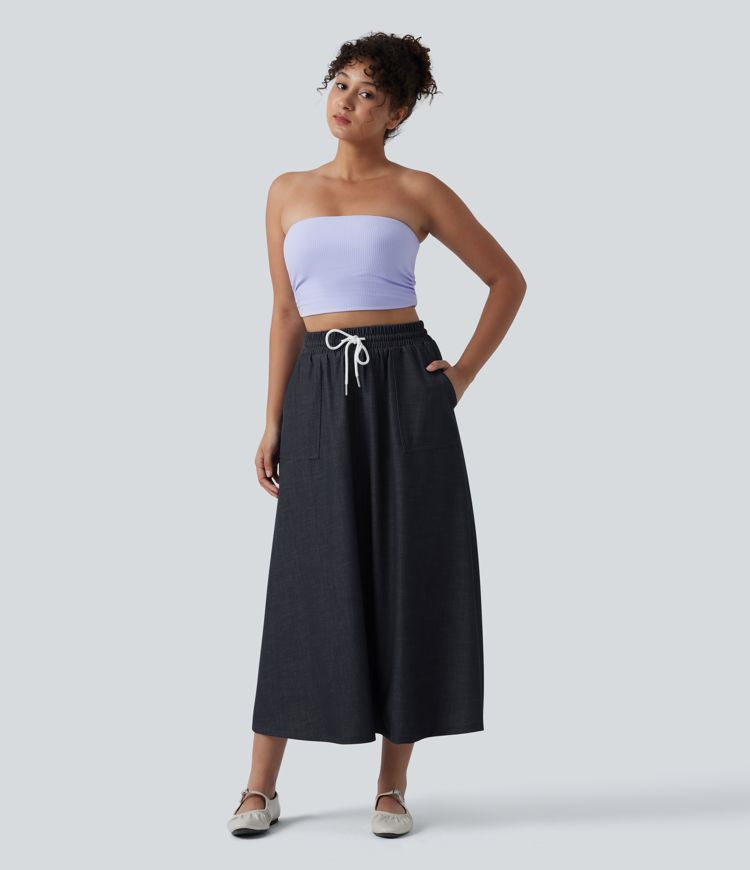 High Waisted Drawstring Midi Denim Like Casual A-line Skirt with Pockets