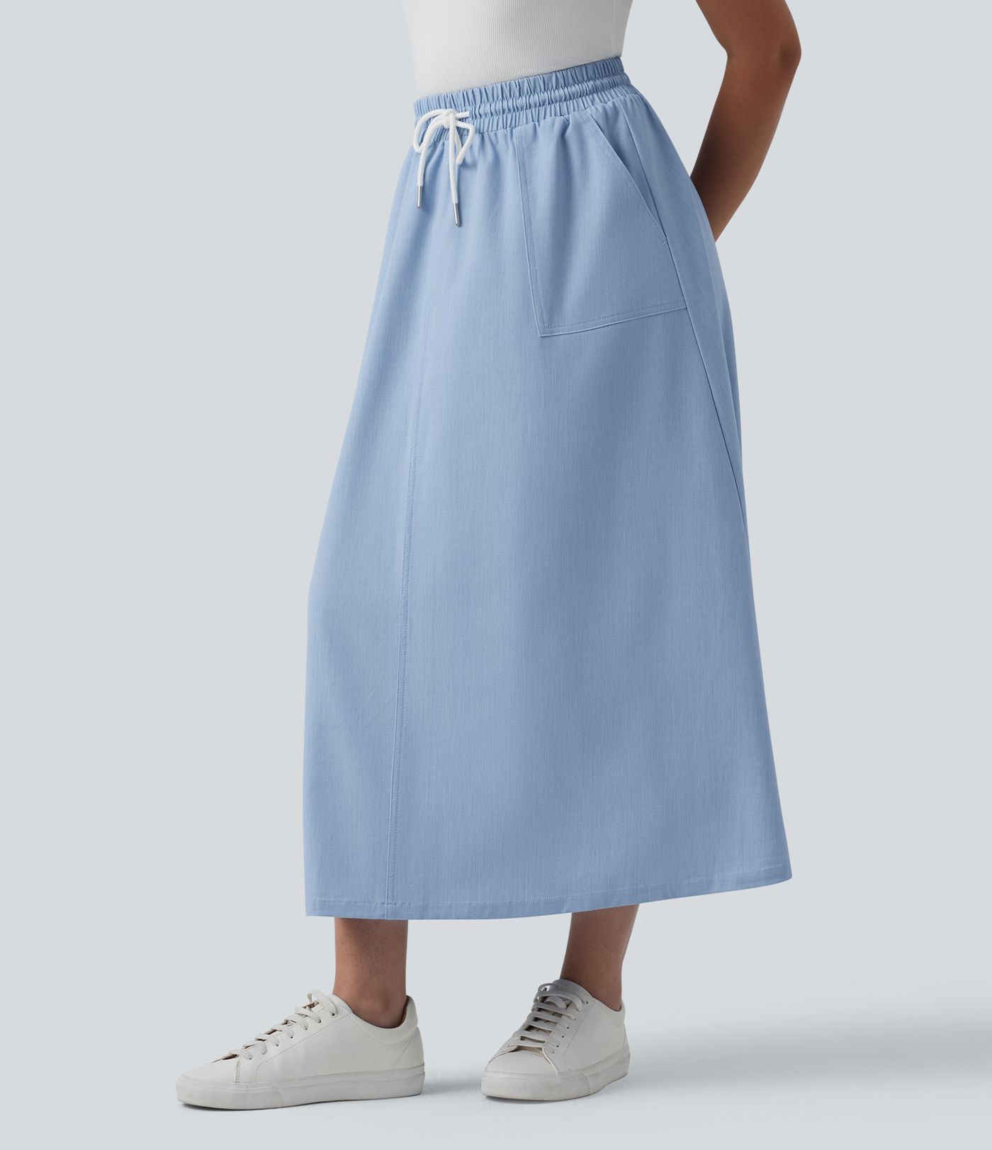 High Waisted Drawstring Midi Denim Like Casual A-line Skirt with Pockets