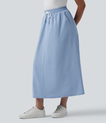 High Waisted Drawstring Midi Denim Like Casual A-line Skirt with Pockets