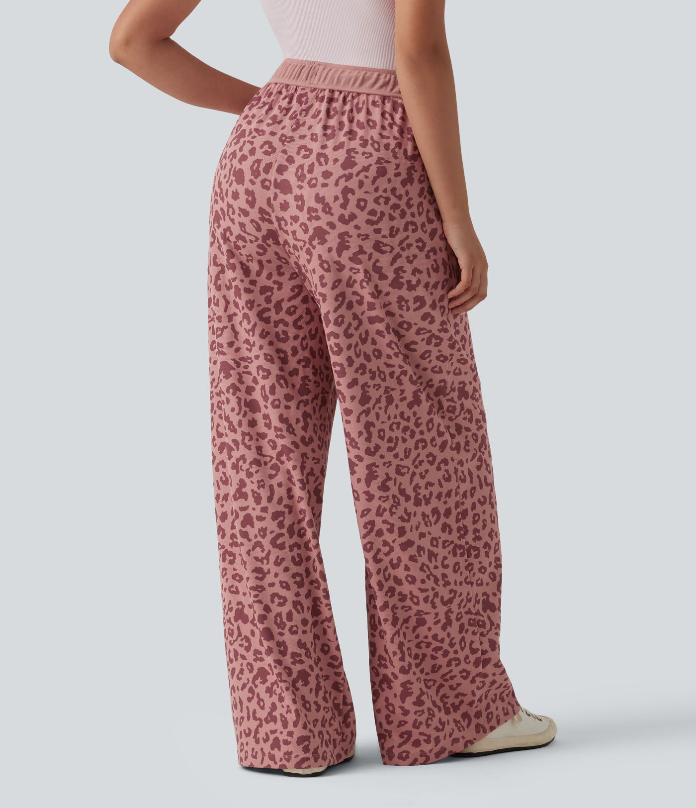 High Waisted Drawstring Wide Leg Leopard Print Waffle Casual Trousers with Pockets