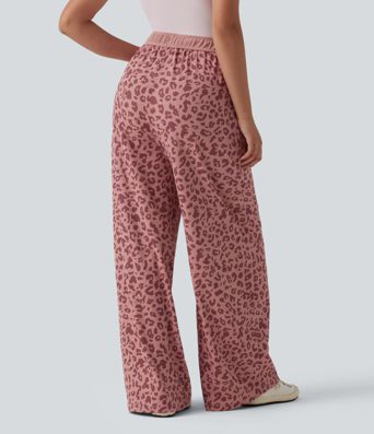 High Waisted Drawstring Wide Leg Leopard Print Waffle Casual Trousers with Pockets