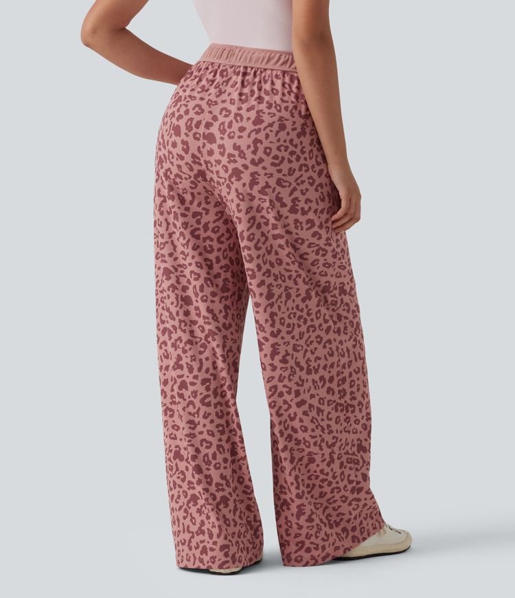 High Waisted Drawstring Wide Leg Leopard Print Waffle Casual Trousers with Pockets