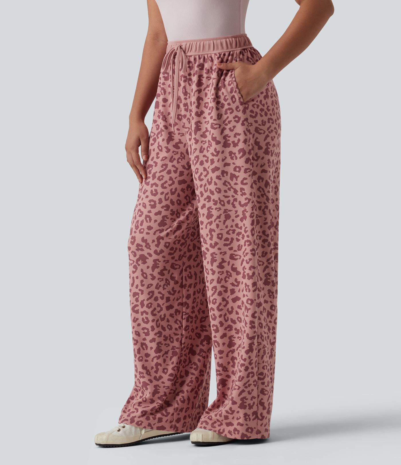 High Waisted Drawstring Wide Leg Leopard Print Waffle Casual Trousers with Pockets