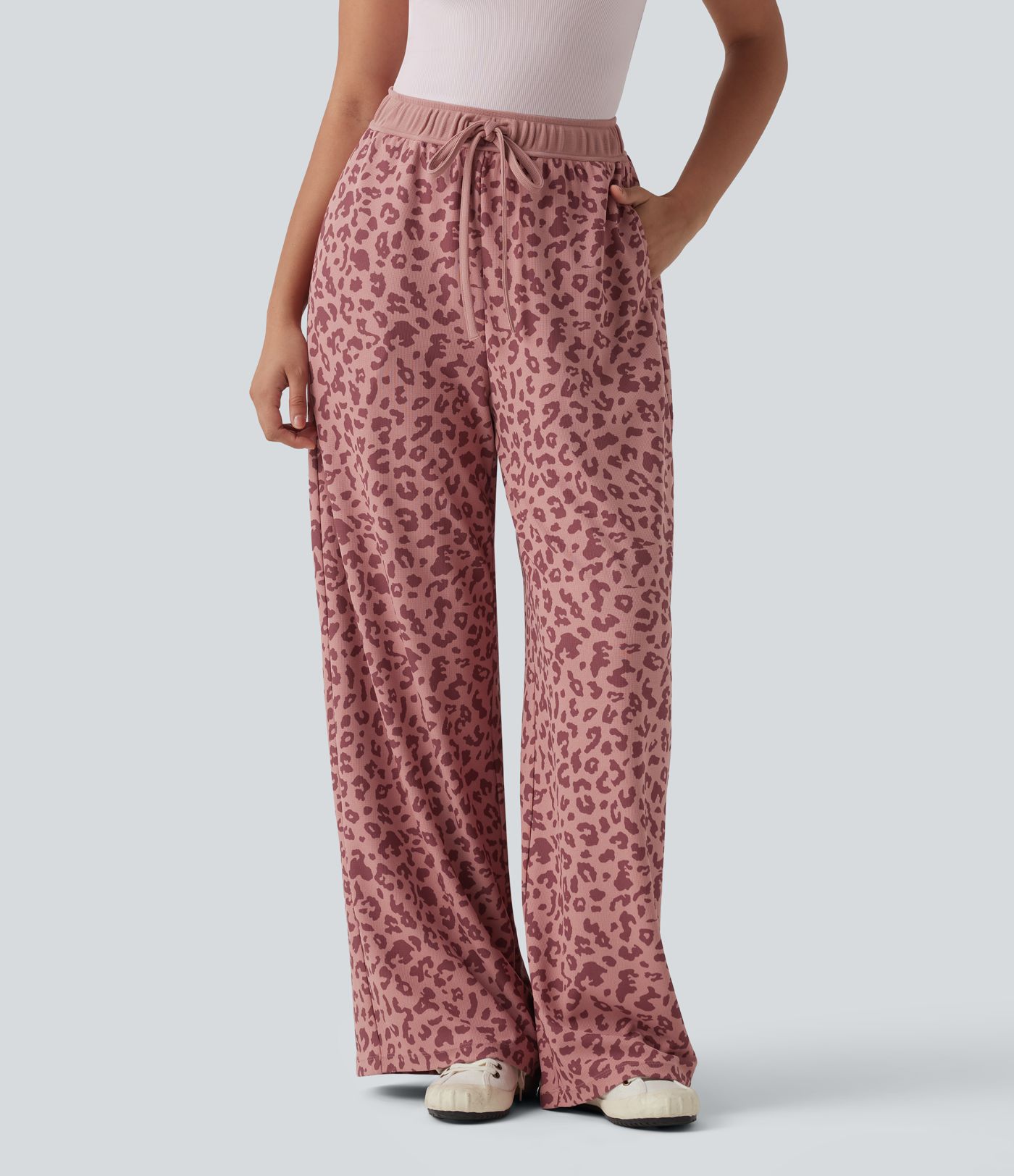 High Waisted Drawstring Wide Leg Leopard Print Waffle Casual Trousers with Pockets