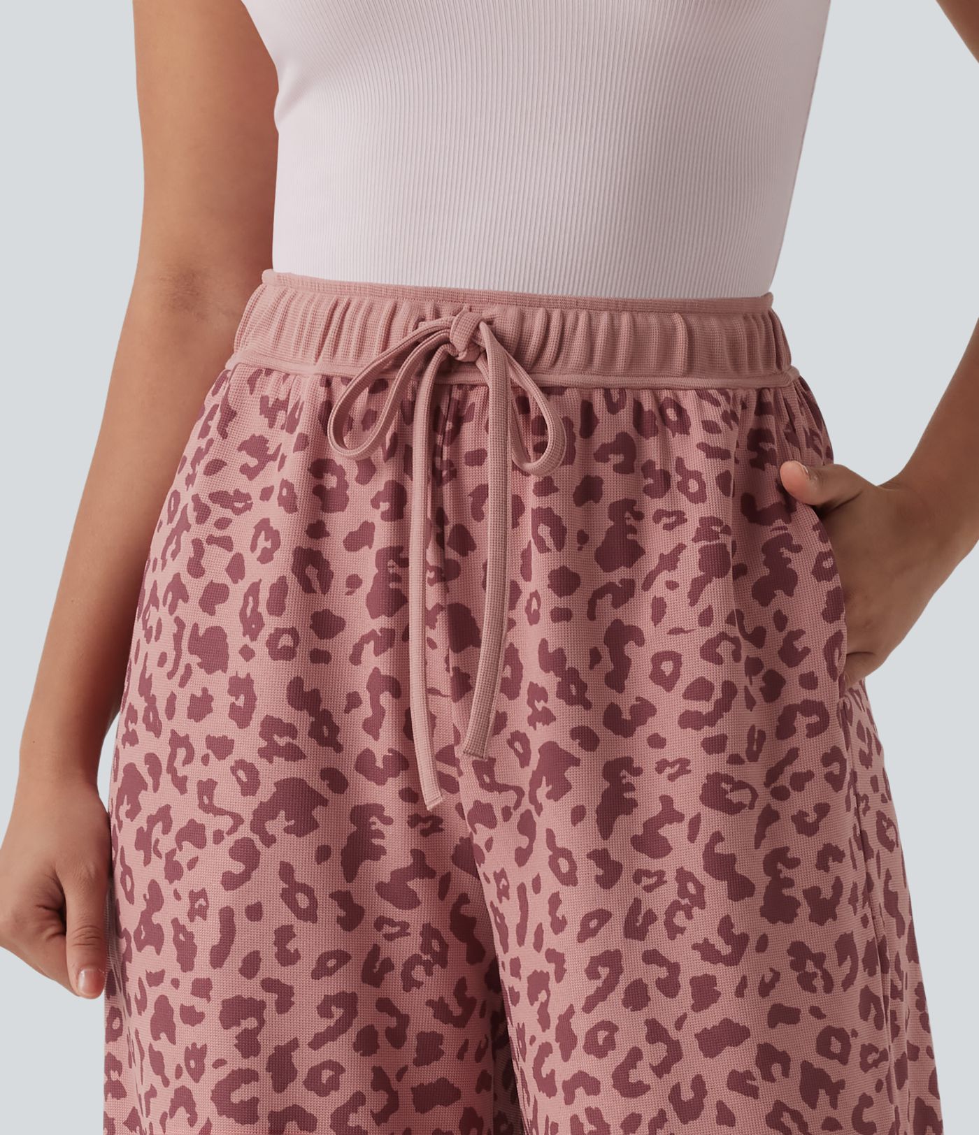 High Waisted Drawstring Wide Leg Leopard Print Waffle Casual Trousers with Pockets