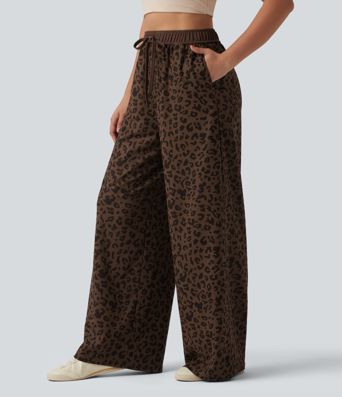 High Waisted Drawstring Wide Leg Leopard Print Waffle Casual Pants with Pockets