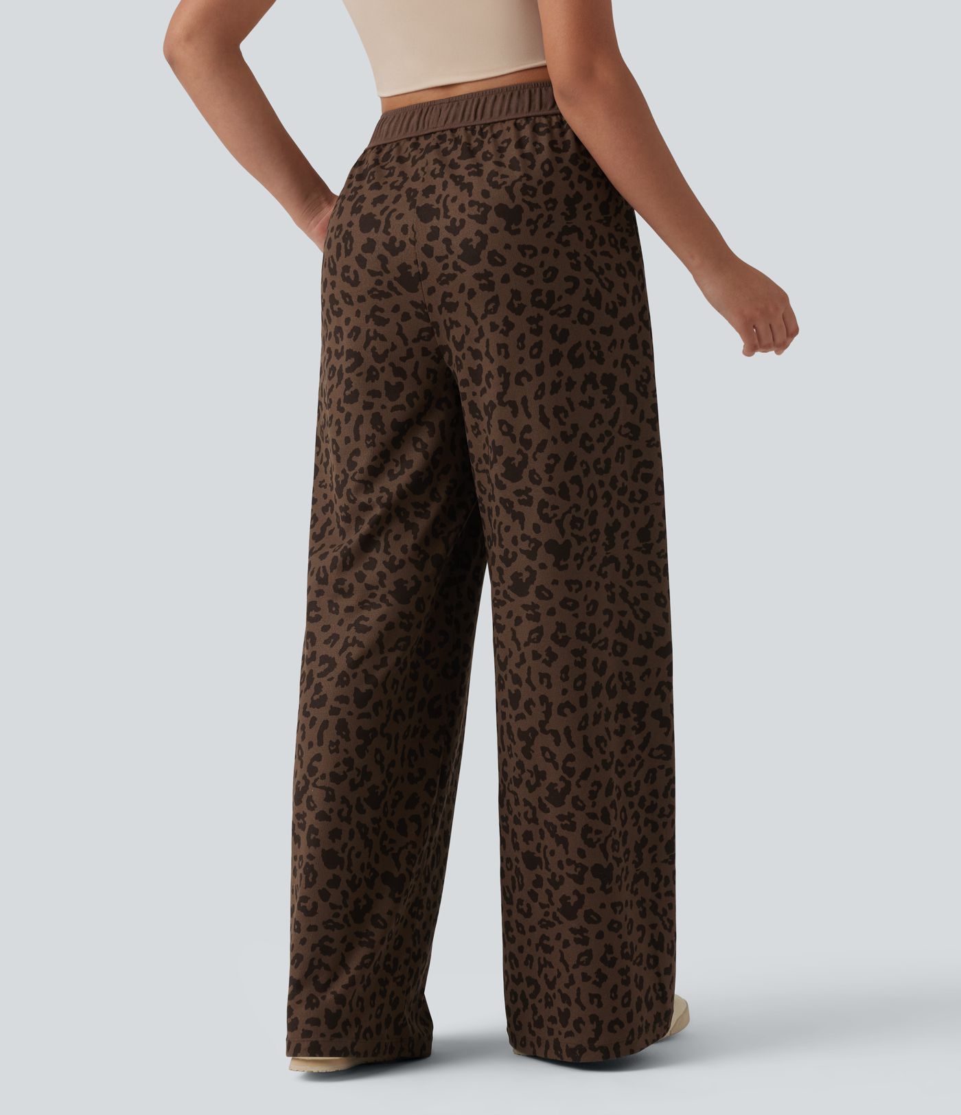 High Waisted Drawstring Wide Leg Leopard Print Waffle Casual Pants with Pockets
