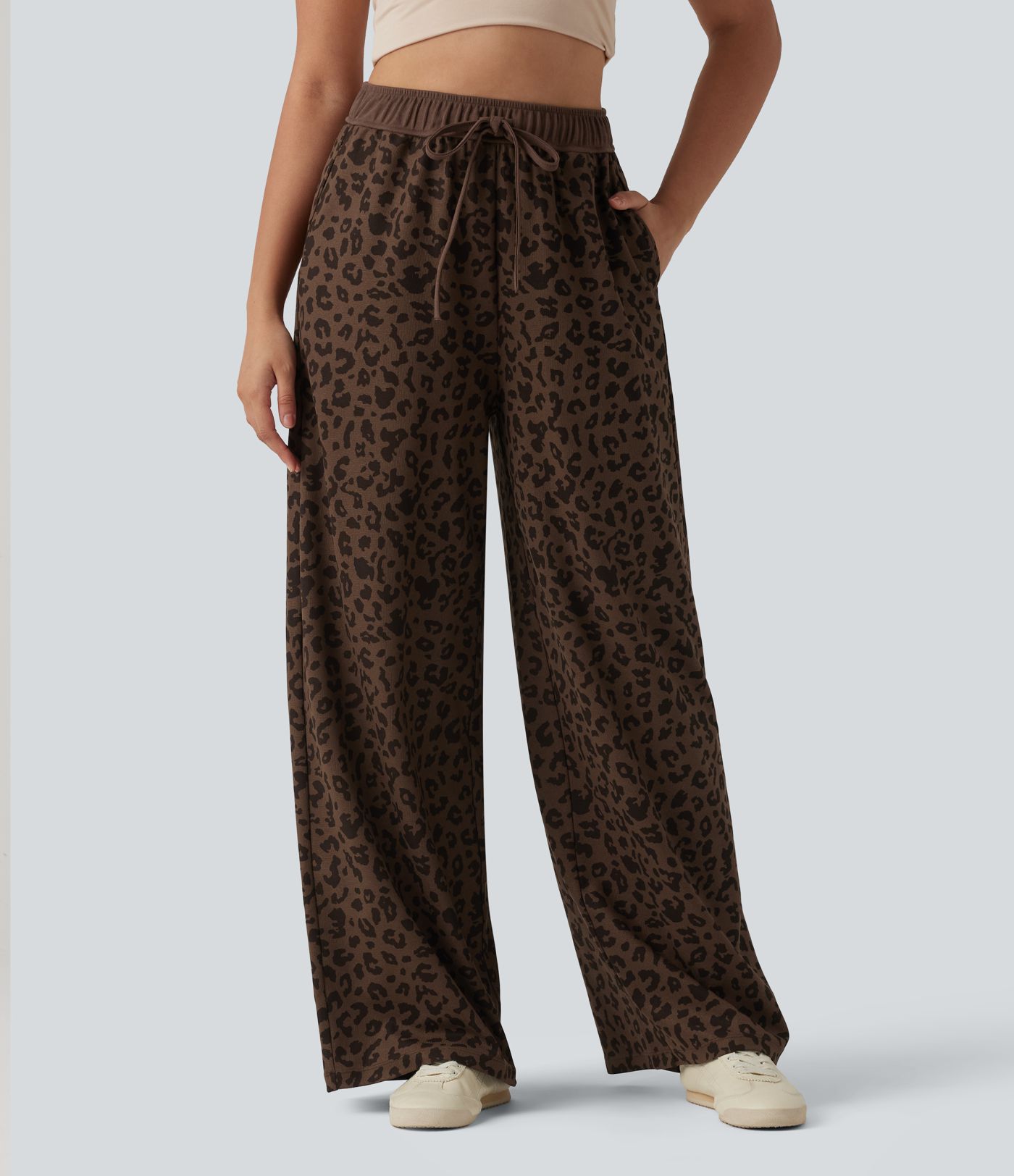 High Waisted Drawstring Wide Leg Leopard Print Waffle Casual Pants with Pockets