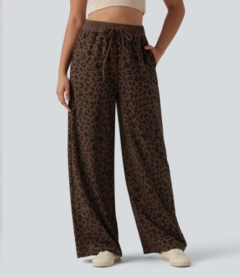 High Waisted Drawstring Wide Leg Leopard Print Waffle Casual Pants with Pockets