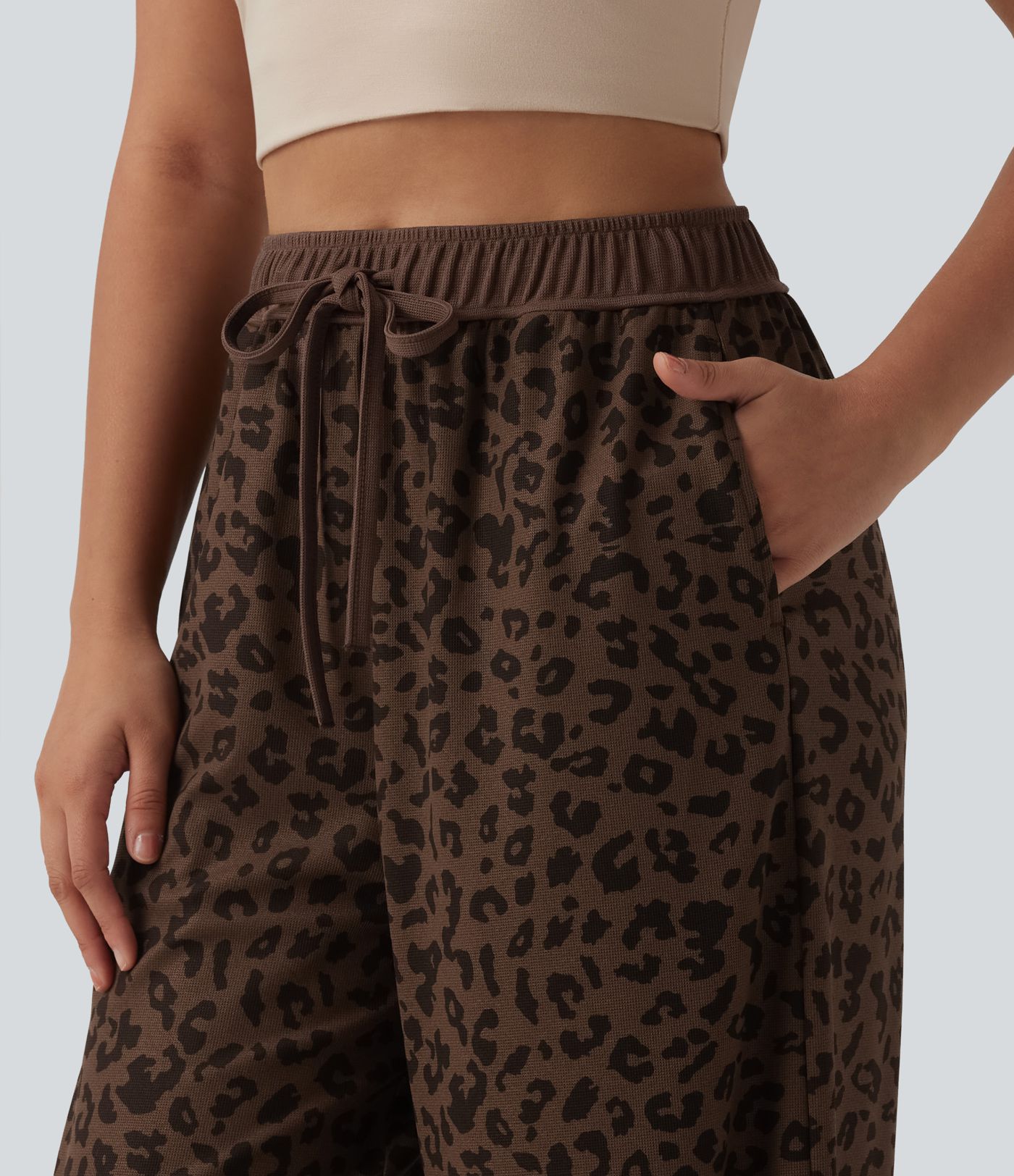 High Waisted Drawstring Wide Leg Leopard Print Waffle Casual Pants with Pockets