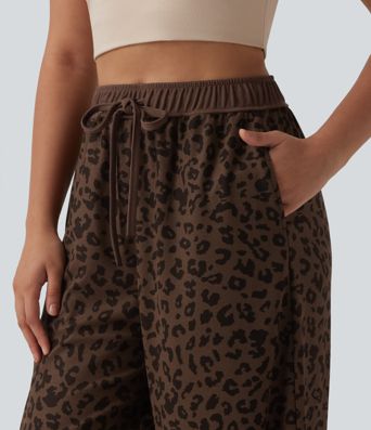 High Waisted Drawstring Wide Leg Leopard Print Waffle Casual Pants with Pockets
