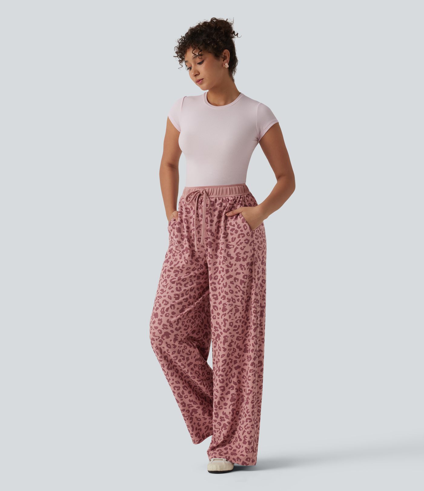 High Waisted Drawstring Wide Leg Leopard Print Waffle Casual Trousers with Pockets