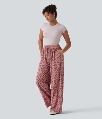 High Waisted Drawstring Wide Leg Leopard Print Waffle Casual Trousers with Pockets