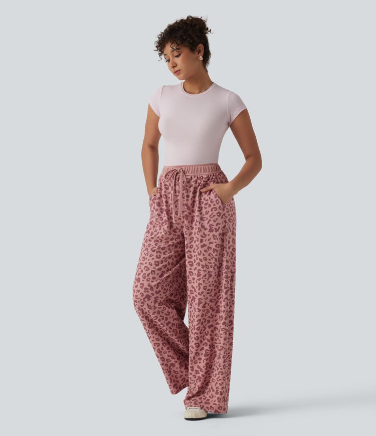 High Waisted Drawstring Wide Leg Leopard Print Waffle Casual Trousers with Pockets