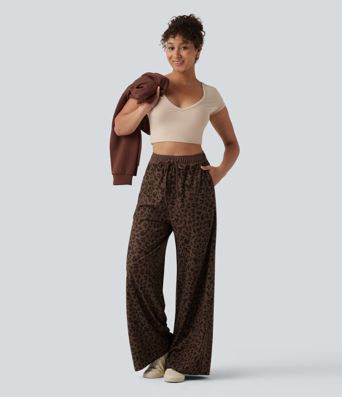 High Waisted Drawstring Wide Leg Leopard Print Waffle Casual Pants with Pockets