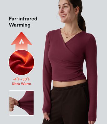 Halara HeatCore casual warming top with V-neck, long wrap sleeves and gathers