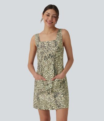 Square Neck Leopard Print Mini Casual Dress with Pockets