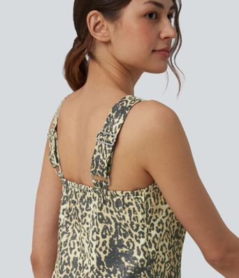 Square Neck Leopard Print Mini Casual Dress with Pockets