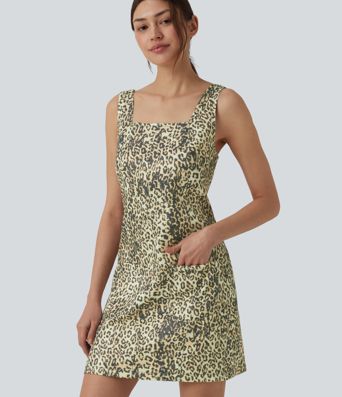 Square Neck Leopard Print Mini Casual Dress with Pockets