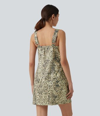 Square Neck Leopard Print Mini Casual Dress with Pockets