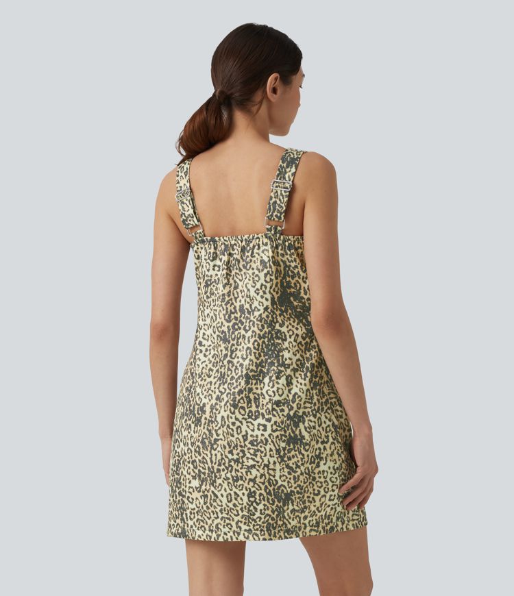 Square Neck Leopard Print Mini Casual Dress with Pockets