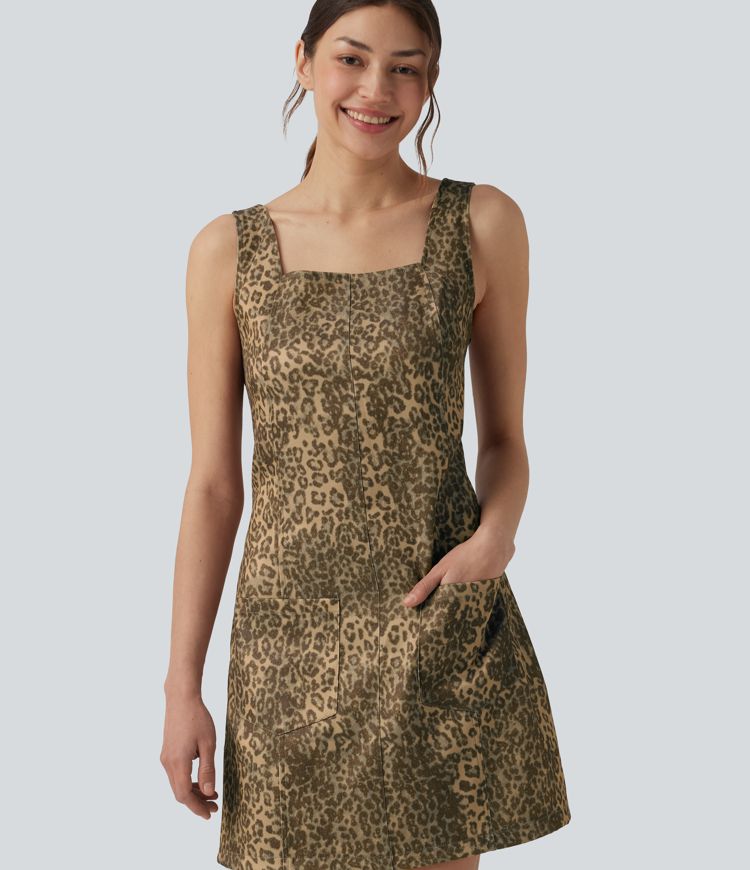 Square Neck Leopard Print Mini Casual Dress with Pockets