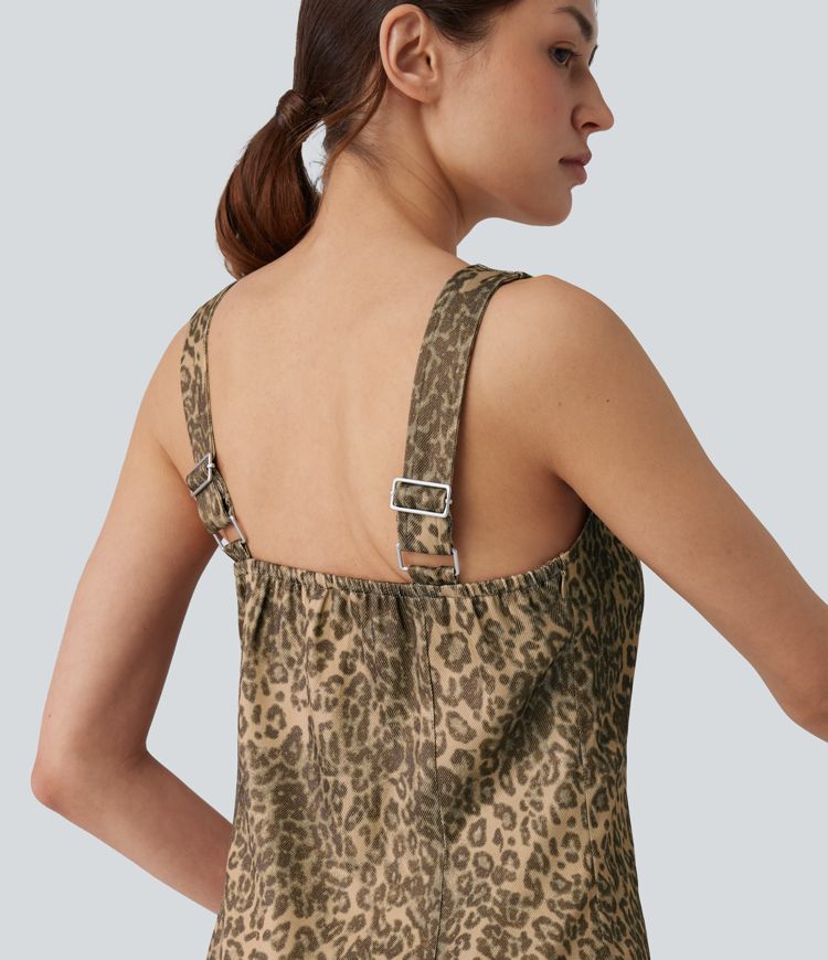 Square Neck Leopard Print Mini Casual Dress with Pockets