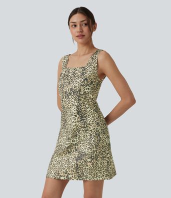 Square Neck Leopard Print Mini Casual Dress with Pockets