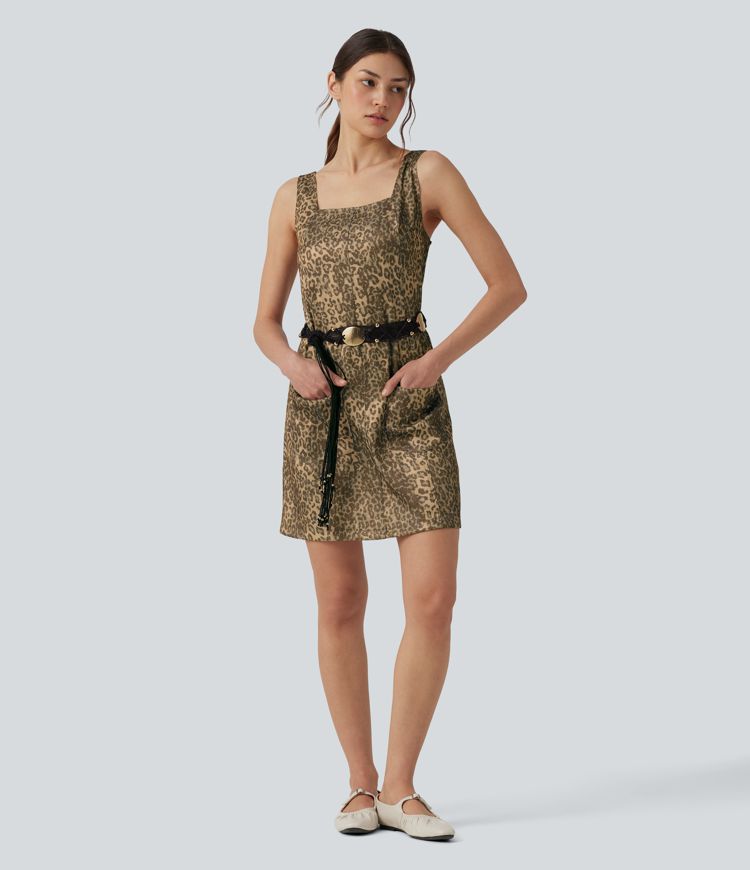 Square Neck Leopard Print Mini Casual Dress with Pockets