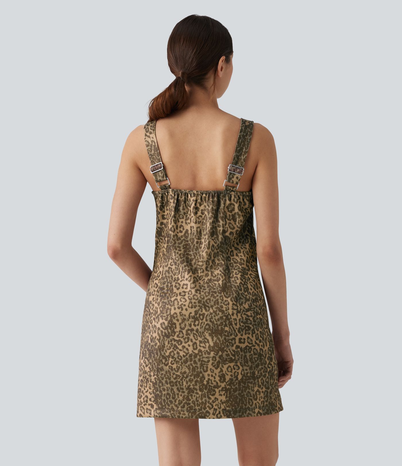 Square Neck Leopard Print Mini Casual Dress with Pockets