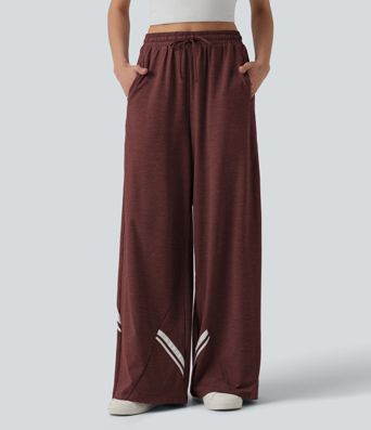 High Waisted Drawstring Wide Leg Color Block Casual Pants with Pockets