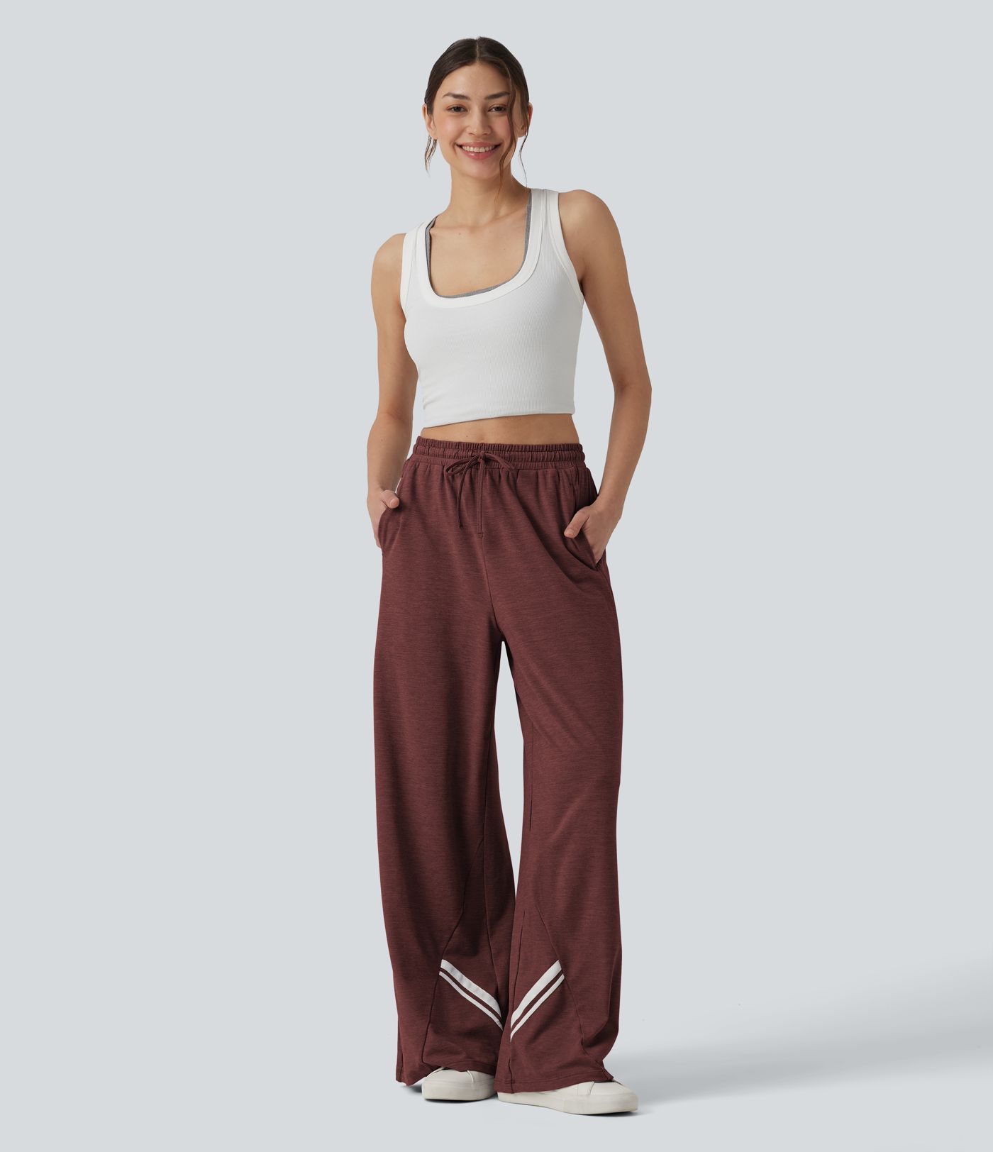 High Waisted Drawstring Wide Leg Color Block Casual Pants with Pockets