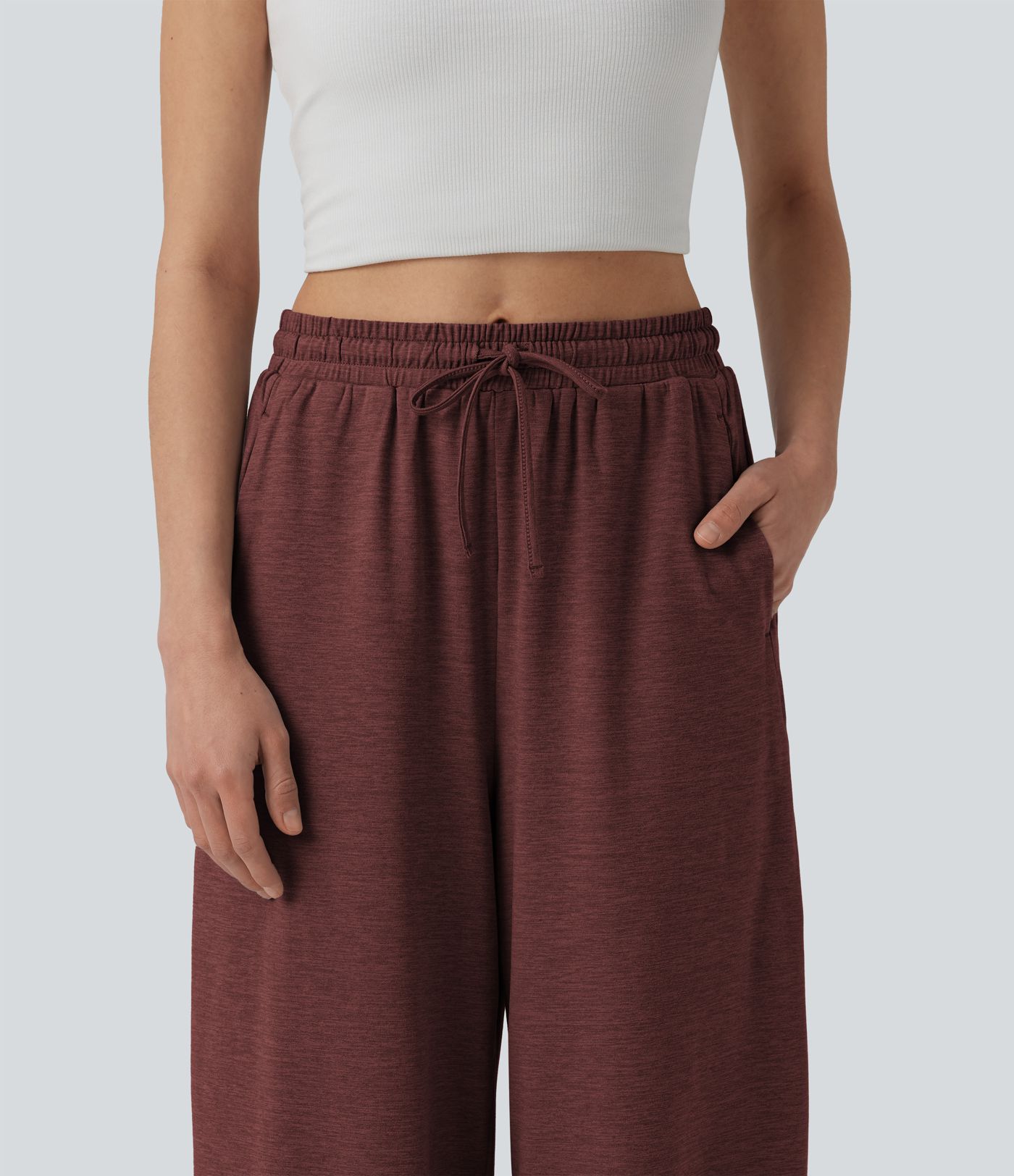 High Waisted Drawstring Wide Leg Color Block Casual Pants with Pockets