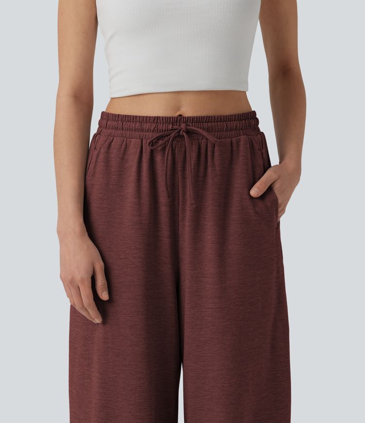 High Waisted Drawstring Wide Leg Color Block Casual Pants with Pockets