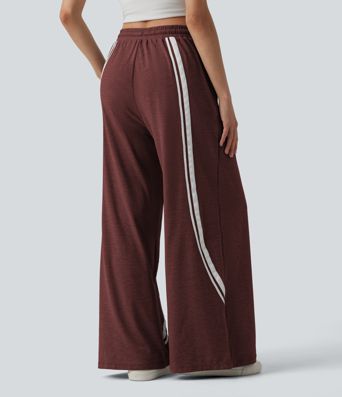 High Waisted Drawstring Wide Leg Color Block Casual Pants with Pockets