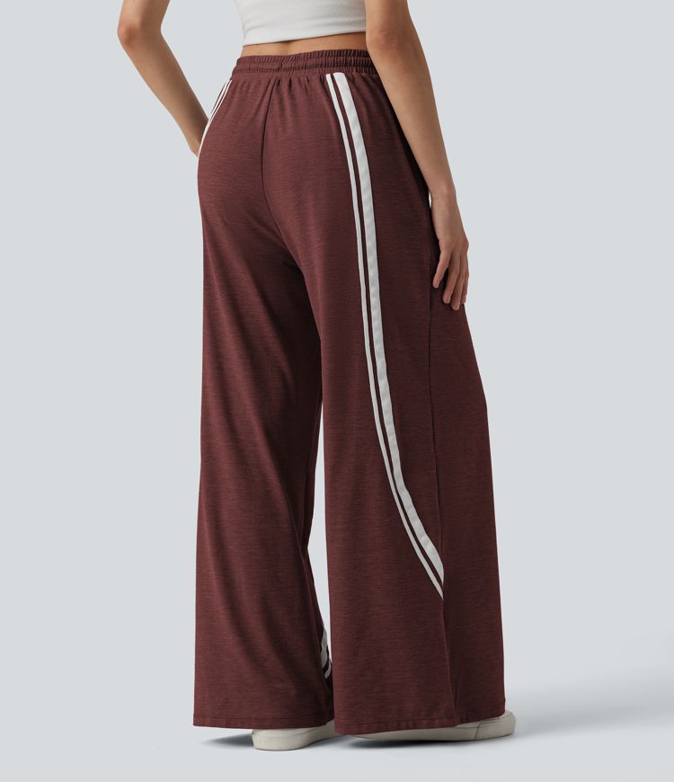 High Waisted Drawstring Wide Leg Color Block Casual Pants with Pockets