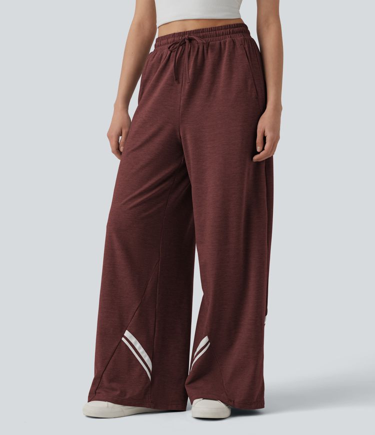 High Waisted Drawstring Wide Leg Color Block Casual Pants with Pockets