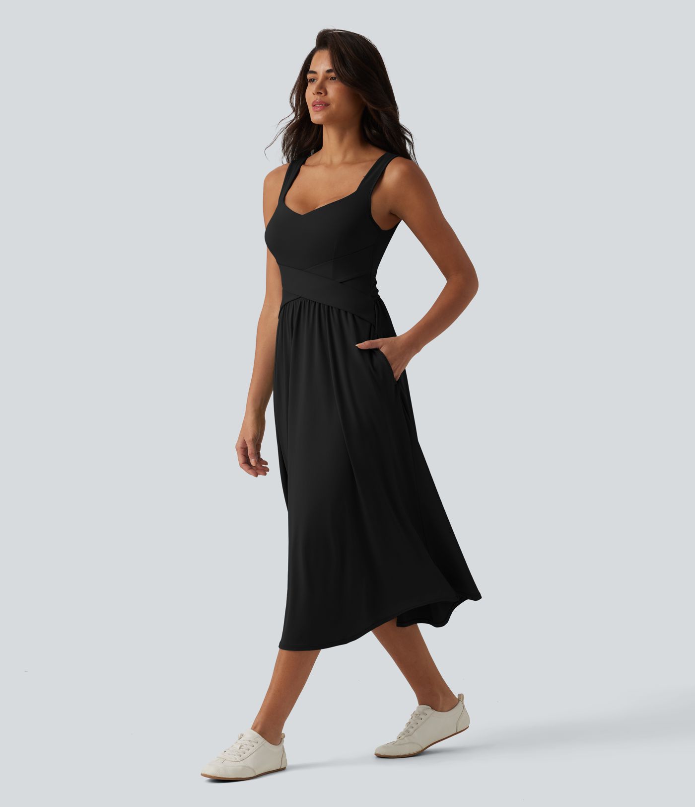 Robe décontractée midi fluide sans manches dos croisé avec poches D-F